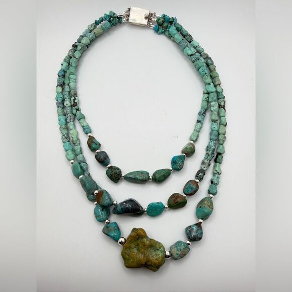 18"-22" Three strands of turquoise and 925 beaded necklace w/ VTG TAXCO clasp! - Picture 9 of 11